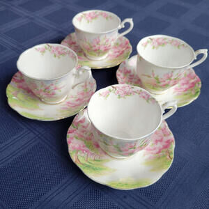 Vintage Royal Albert "Blossom Time" Bone China Tea Cup & Saucer Set of FOUR